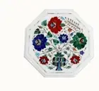 12" Round Marble Side Table Top – Handmade Floral Inlay with Semi-Precious Stone