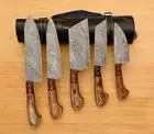 Custom made/Damascus chef knife set/ Wood & Steel On Handle with leather sheath