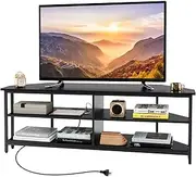 Giantex Corner TV Stand for TVs up to 65”, TV Console Table with AC Outlets, USB A Ports, USB C Port, Metal Frame & Storage Shelves, 140 cm Media Entertainment Center for Living Room (Black)