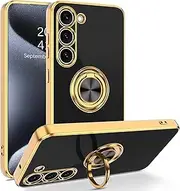 for Samsung Galaxy A35 Case with Ring Stand[360 Degree Rotation Kickstand] Plating Metallic Glossy Cover TPU Women Girls Slim Soft Protective Case for Samsung A35(Black)