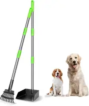 Pooper Scooper, Dog Pooper Scooper Long Handle Stainless Metal Tray and Rake for