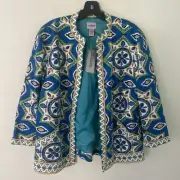 Chico’s Open Eye Hook Closure Blue Green White Beaded Cordoba Blazer New 2