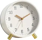 SHISEDECO Alarm Clock with Backlight, 4.5 inches Bedside Analog Non-Ticking Silent Small Desk Clock with Arabic Numerals, Battery Operated Round Table Clock for Living Room, Bedroom (White)