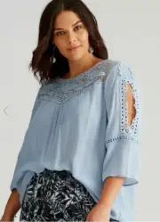 Autograph Top Tunic Shirt Blouse Plus Size 26 RP$80 Blue Lace 3/4 Sleeve NEW