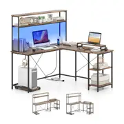 Costway Reversible L-Shaped Gaming Desk w/Power Outlets & Monitor Stand LED Computer Corner Desk Study Table