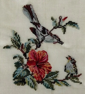 Preworked TWO BIRDS & FLOWER Needlepoint Canvas Petit Point 7.75" x 8.5" 3095
