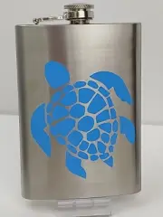8oz Brushed STAINLESS STEEL FLASK w/ BLUE SEA TURTLE Decal - NEW in Box!