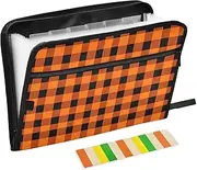 Quteprint 13 Pockets Expanding File Folder with Zipper Closure, Orange Plaid Pattern Accordion File Folder with Sticky Labels, Letter Size A4 Papers Expandable File Document Organizer