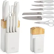 Tasty Kitchen Knife Set with Block, Cutlery Set Includes Chef, Bread, Utility, Paring, Steak Knives & Shears, 10-Piece, White