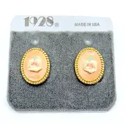 Vintage 1928 Brand Earrings Rose Pierced Peach Enamel .75" New On Card