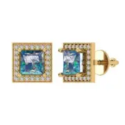 2.3ct Princess Cut Round Cut Halo Blue Moissanite Stud Earrings 14k Gold