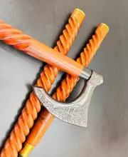 Antique Axe Viking Walking Stick Canes Red Wood Two Fold Unique Design Handle