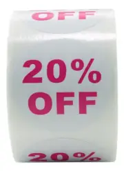 2 Rolls of "20% OFF" Discount Labels (500 labels/roll, 1.5" diameter) BPA Free!