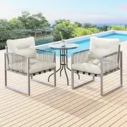 ALFORDSON Outdoor Patio Bistro Set 3PCs UV-Resistant Grey Beige, 2X Armchairs & R60x70cm Dining Table Steel Frame Conversation Set, Lounge Sofa Chair & Side Coffee Table with Water-Resistant Cushions
