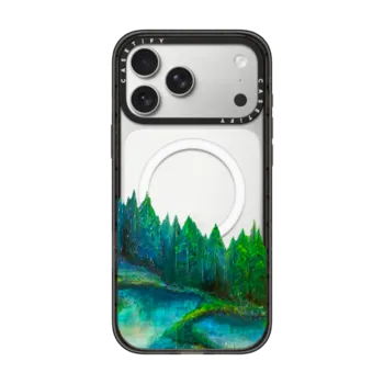 iPhone 17 Pro Max Impact Case MagSafe Compatible WOODLAND RETREAT 1, FOREST TREES TEAL BLUE GREEN NATURE MOUNTAINS PAINTING