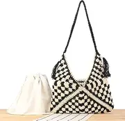 [Generic] Woven Bags 2024 Summer Large Capacity Niche Design Shoulder Tote Bag(Black)