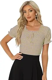[Allegra K] Gingham Plaid Blouse for Woman's Peasant Round Neck Ruffles Puff Sleeve Top