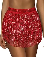 [qikqik] Sequin Skirt for Women Sparkly Skirt Tassel Skirt Sequin Fringe Skirt Glitter Skirt Rave Skirt Belly Dance Skirt Wrap