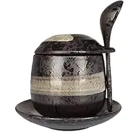 Japanese Style Stoneware Steamed Egg Cup, Bird's Nest Stew Pot, Dessert Pot, Seasoning Jar. (with Spoon and Saucer)