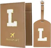 [uxcell] Passport Holder for Travel, Initial Passport Cover and Luggage Tag Set with Alphabet Chenille Letter Patch Travel Wallet Bag Suitcase Identifier for Women Family Travel Brown L