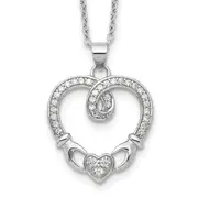 Sterling Silver Rhod-Plated Claddagh Heart Cz W/ 1 In Ext.Necklace