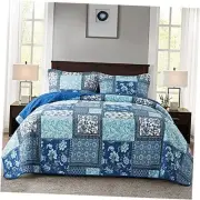 Cotton Bedspread Quilt Sets-Reversible Patchwork Coverlet Set, Chic Floral