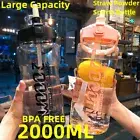 2000ML Sports Water Bottle Straw Cup Motivational Drink Flask With Time Markings
