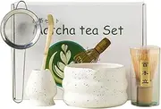 Zixrmor Premium Matcha Set with Powder - Matcha Bowl, Bamboo Whisk and Matcha Spoon Filter Spoon Matcha Set - Complete Matcha Tea Set for Traditional Japanese Tea Ceremony (White)