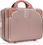 [Acshio] Hard Shell Cosmetic Travel Case, 12 Inch Portable Travel Hand Luggage with Elastic Band, Mini ABS Carrying Makeup Case Suitcase Train Cosmetic Bag for Travel, Camping, Business Trip, Rose Gold,