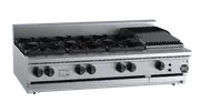 B+S Black Combination Six Open Burners & 300mm Char Broiler Bench Mounted LPG