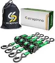 Strapinno 4pcs Retractable Ratchet Straps Bundle 1in x 6ft Ratchet Tie Down with Rubber Coated Steel Handle, S Hooks, Breaking Strength 1500 lbs Each (Green Strap, Black Coated)