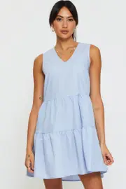 Blue A Line Dress Mini V Neck - Size 12, Women's Skater Dress