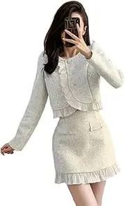 [JYHBHMZG] Light Blue Ruffles Trim Tweed Two Piece Set Women Shiny Sequins Short Jacket Coat+Mini Skirt Sets
