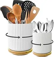 Utensil Holder, 360° Rotating Kitchen Utensil Holder for Countertop,6.9"+5.3" Modern Large Spatula Holder, Kitchen Utensil Organizer for Farmhouse,White Ceramic Utensil Crock,Set of 2