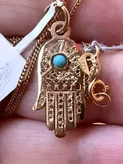 14K GOLD TURQUOISE HAMSA PROTECTION CHARM PENDANT NECKLACE BNWT MADE IN ISRAEL