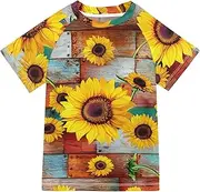 [ODAWA] Kid Swim Shirt Sunflowers Rustic Wooden UPF+ 50 Quick Dry Shirt Boys' Rash Guard Shirts