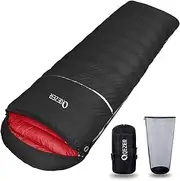 QEZER Winter Sleeping Bag for Adults -3°C to -12°C Warmer Down Sleeping Bag for Cold Weather Camping, Warehouse and Moutaineering Outdoor Ultra-Compact 40x21cm Pack Size with Compression Sack