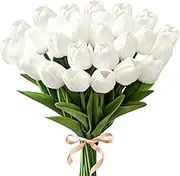 Starryle 20Pcs White Tulips Real Touch Artificial Tulips Fake Flowers for Spring Decoration Faux Flowers for Home Kitchen Office Wedding Bouquet Vase Flower Arrangement Decor