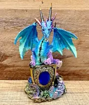 Dragon With Shield Blue Resin Figurine 5.5" x 4"