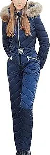 [Generic] Women Winter Jumpsuit Ski Suit Lightweight Warm Windproof Rain Snow Coat Fur Collar Ski Jumpsuit Snowsuit with Fur Hood