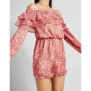 NWT Express Pink Paisley Ruffled Romper Off Shoulder Long Sleeved Large NEW