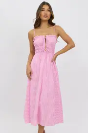 Pink Check Midi Dress Ribbon Detail Strappy - Size 16XL, Women's Midi Dress