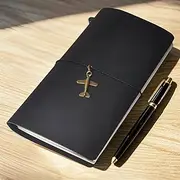 Fenspark Travel Journal Notebook, Retro Handmade Leather Journal Travelers Notebook, Refillable Travel Planner with 3 Inserts/Zipper Pouch/Chime, Black