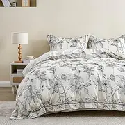 [Simple&Opulence] 100% Cotton Duvet Cover Set Queen Size, 3Pcs White Floral Botanical Printed Comforter Cover Set with Button Closure, Soft Breathable Bedding with Linen Trim for All Seasons