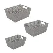 Simplify 3 Pack Set Rattan Tote Storage Baskets, Grey