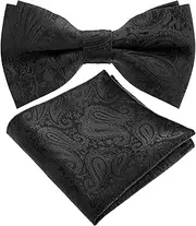 [Tucnoeu] Bow Tie Black Men's Set - Pocket Square Black, Cufflinks Black, Adjustable Bow Tie Black Men's Solid Bowties Handkerchief Cufflinks for Men (0497-08), black, One Size