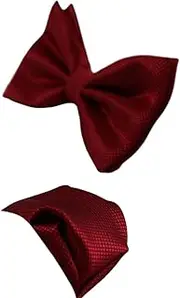 [Zasel] Mens Dark Red Plain Coloured Checkered Bow Tie & Matching Pocket Square Set