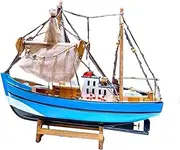 30CM Sailboat Model Handmade Boat Solid Wood Fishing Boat Toy Blue Home Decoration Props Desk Children's Room Boys Girls Gift