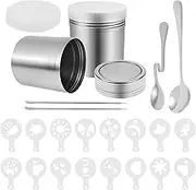 2Pcs Powder Shaker Stainless Steel Fine Mesh Powder Sugar Shakers with 16 Templates 2 Coffee Spoons 2 Stirring Stitches Chocolate Coffee Sifter Kit for Baking Cooking Lattes Decorations (2-Pack)
