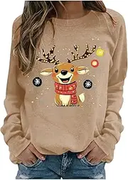 [Gemira] Women Merry Christmas Pullover Long Sleeved Autumn Pullover Christmas Deer Head Printed Round Neck